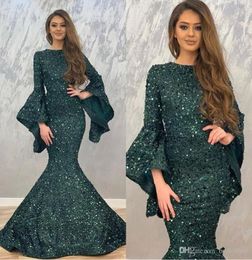 2020 robes de soirée sirène vert foncé paillettes manches longues robes de bal pour les femmes de Dubaï vêtements de cérémonie robes de bal robe de fiesta Ab6243939