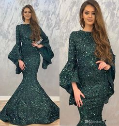 2020 robes de soirée sirène vert foncé paillettes manches longues robes de bal pour les femmes de Dubaï vêtements de cérémonie robes de bal robe de fiesta Ab8476458
