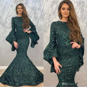 2020 Dark Green Mermaid Avondjurken Sequin Lange Mouwen Prom-jurken voor Dubai Women Formal Wear Prom Jurken Vestido de Fiesta Abendklid