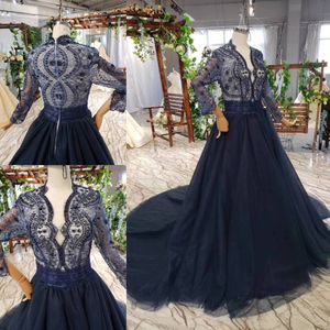 2022 Dark Navy Robes de soirée élégantes à manches longues perlées en tulle dentelle robes de bal de célébrité, plus la taille robe de soirée robe de mariage