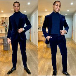 2020 Dark Navy Velvet Mannen Suits Blazer Wedding Pak Prom Slim Fit 2 Stuks Bruidegom Tuxedos Best Mens Parties Pakken (jas + Broek) Custom Made
