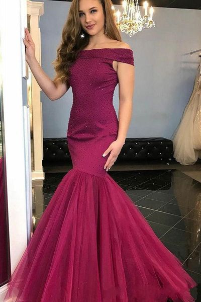 2020 Vestidos de fiesta de sirena de color púrpura oscuro Escote barco con cordones Con cuentas de cristal drapeado Tul Quinceañera Dulce 16 Vestido de fiesta por la noche