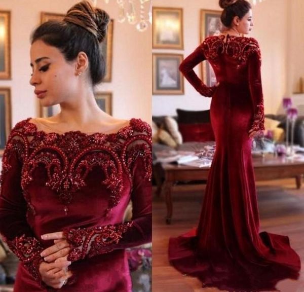 2020 rouge foncé mode velours mère de robes de mariée manches longues perles cristaux dentelle sirène robes de mère robe de soirée de mariage marié