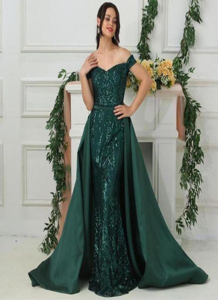 2020 robes de bal sirène vert profond étincelle épaules nues robe de soirée formelle africaine robe de soirée sexy avec surjupe2662391
