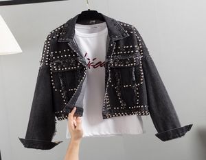 2020 Designer Runway Punk Boyfriend Beading Denim Jacket Femmes Femmes Casual Jean Mabouillage Loose Vintage Femme Jeans Vestes Femme9324547