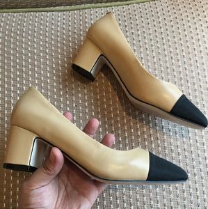 Designer femmes pompes chaussures en cuir véritable dame Chunky chaussures habillées à talons Slip-On couleur mélangée bouche peu profonde fête femmes chaussures à talons hauts