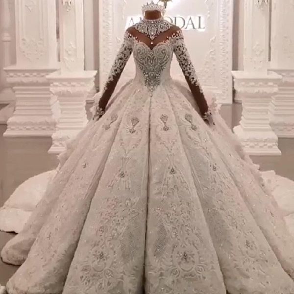 2020 Dubaï luxe cristal perlé appliques dentelle robe de bal robe de mariée col haut pure manches longues dos creux robe de noiva robe de mariée