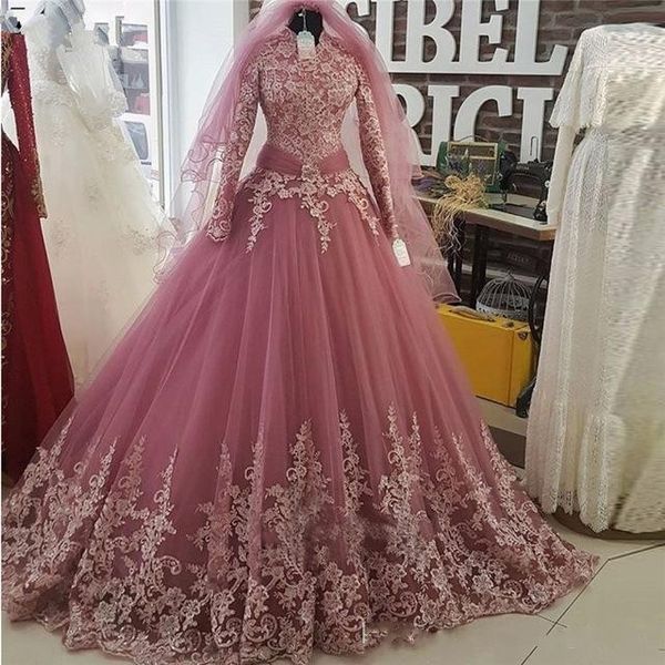 2020 Dusty Rose Arabia Saudita Vestidos de novia de manga larga Vestido de fiesta Cuello alto Apliques de encaje Drapeado Pliegues Cintura Vestido de novia musulmán Nupcial