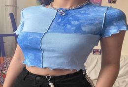 2020 Egirl Y2K Chique Crop Tops T Tees Tie Dye met pailletten Patchwork Dames Zomer T -shirts Ruches Ruches Hem Purple of Bule kleding8846806