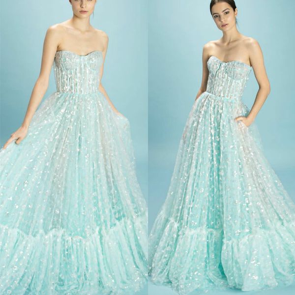 2020 Vestidos de noche elegantes de una línea con bolsillos Lentejuelas de encaje cariño Vestidos de baile por encargo Tren de barrido Vestido para ocasiones especiales