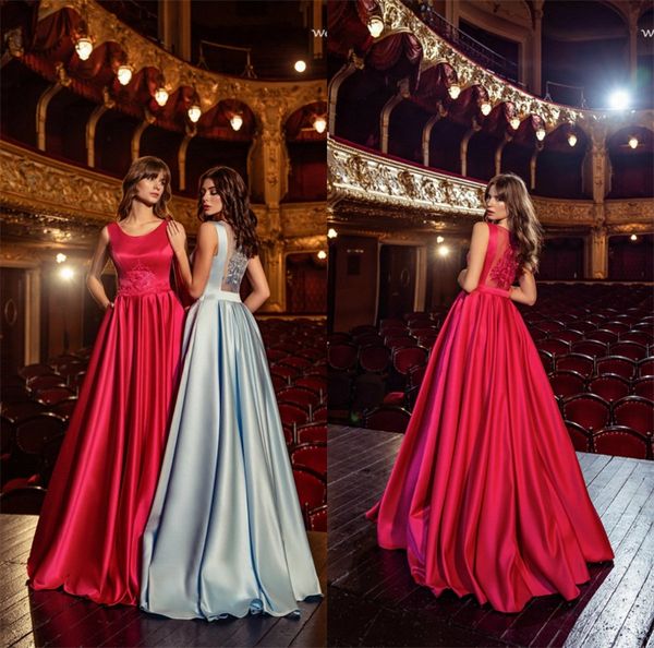 Elegante una línea de vestidos de baile Joya sin mangas Apliques Satén Vestidos de fiesta por encargo Tren de barrido Venta caliente Vestidos de baile baratos