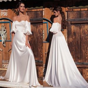 2020 élégante robe de mariée A-ligne dos nu bretelles transparentes demi-manches robe de mariée chérie Satin balayage train robes de mariée
