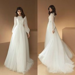 2020 Elegant A-ligne Robes de mariage Jewel manches longues Appliqued dentelle balayage train robe de mariée Tulle Custom Made froncé Robes de mariée