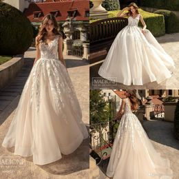 Elegante Strand Trouwjurken V-hals Kant Applique Bruidsjurken Backless Illusion Lijfje Sweep Trein Bruidsjurk Vestidos De Novia