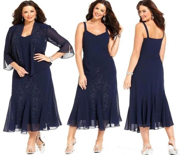 2020 Elegante marina oscura de la marina oscura Longitud de té de té de talla grande Madre de la novia Vestidos con chaqueta 34 Vestidos de mangas largas1461571