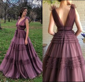 2020 elegante avondjurken v-hals tule tiered rokken backless prom jurk vloer lengte op maat gemaakte formele feestjurken