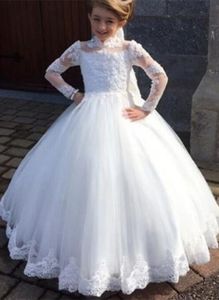 2020 elegante meisjes Pageant jurken witte hoge hals lange mouwen kant applique voor bruidsjurk eerste communie vloer lengte prinses jurk