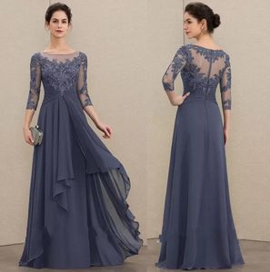 2023 Elegante marine avondjurken a-line schep nek vloer lengte chiffon kanten moeder van de bruid jurk met trapsgewijze ruches plus size moederjurken bc13094 gb0920