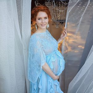 2020 Elegante kanten zwangerschaps gewaden hemelsblauwe appliques kralen bruids pure zwangerschapsjurken lange chiffon sexy feestfotografie avond 223n