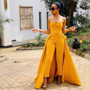 2020 elegante lange jumpsuit vrouwen prom dresses met afneembare rok lieverd satijnen pant pak avondjurken