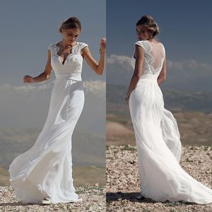 2020 robes de mariée élégantes sirène coiffées de perles à manches courtes appliques robes de mariée en mousseline de mousseline de mariée balayer robe de mariée