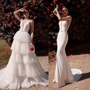 2020 elegante zeemeermin trouwjurken spaghetti bruidsjurken sweep trein met afneembare tarine tule tiered rokken vestidos de novia