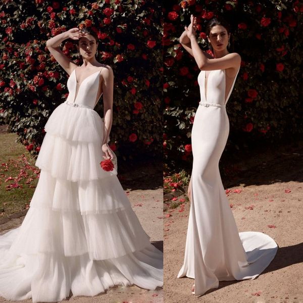 2020 élégantes robes de mariée sirène robes de mariée spaghetti balayage train avec détachable Tarin tulle jupes à plusieurs niveaux Vestidos De Novia