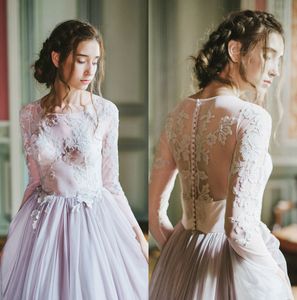 2020 elegante trouwjurken juweel hals lange mouw sweep trein gewaden de mariée kant applique trouwjurk bruidsjurken