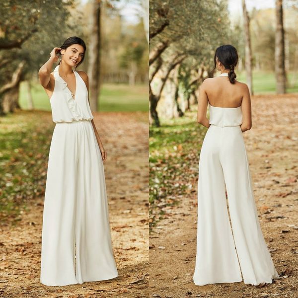 2020 Elegant Wedding Jumpsuit Halter une ligne Sexy Sexy Back Ankle Longueur Boho Robe de mariée pas cher pantalon nuptial robes de Mariee 269r