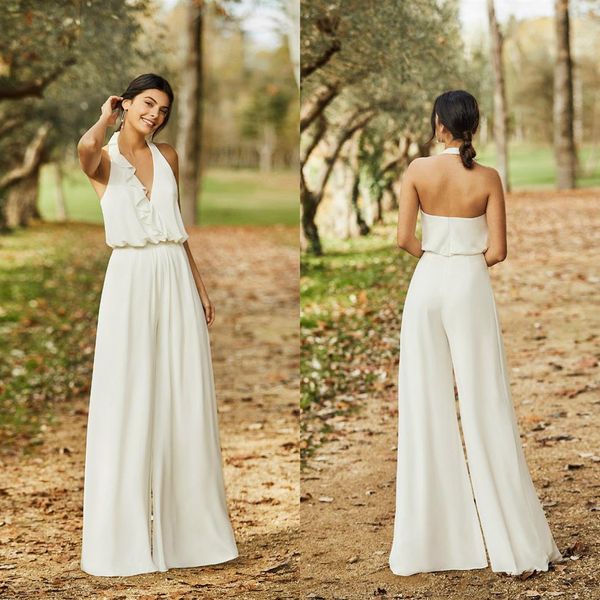 2020 élégant mariage combinaison licou une ligne Sexy dos cheville longueur Boho robe de mariée pas cher mariée pantalon costume Robes De Mariee302o