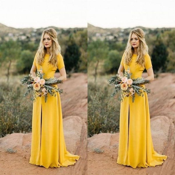 2020 Vestidos de damas de honor de país amarillo elegante Ranura intermedia con mangas Fiesta de noche larga Fiesta de graduación Vestido de fiesta formal Barato personalizado 284v