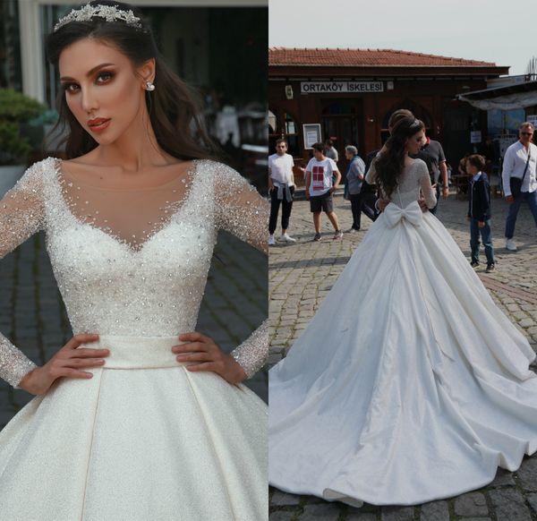 2020 Elie Saab robe de bal robe de mariée Bateau strass robe blanche robe Satin cristal Bow robes formelles