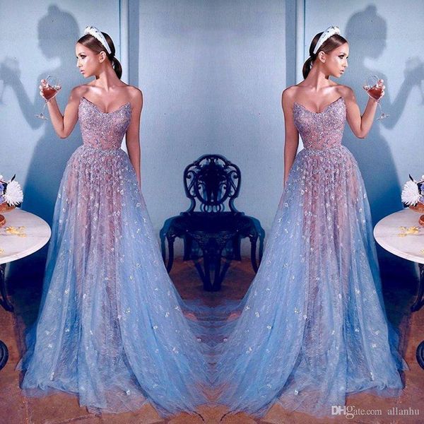 2020 Elie Saab vestidos de noche de encaje Dubai Celebrity Sweetheart Beads ilusión vestidos largos de fiesta una línea vestidos formales del desfile