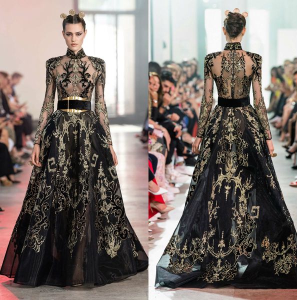 2020 Elie Saab Robes De Soirée Avec Des Éléments De La Chine Col Haut Une Ligne À Manches Longues Robe De Bal Broderie Paillettes Formelle Fête Porter Des Robes