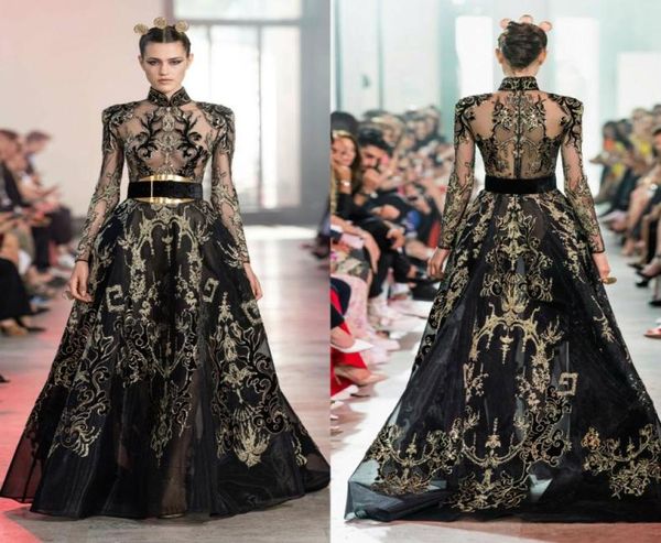 2020 Elie Saab vestidos de noche con elementos de China Cuello alto Una línea Vestido de fiesta de manga larga Lentejuelas bordadas Ropa de fiesta formal Go7697367