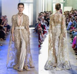 2020 Elie Saab Avondjurken Met Lange Jas Kant Geappliceerd Diepe V-hals Dames Jumpsuit Galajurk Op maat gemaakt Arabisch Formeel Par7552069