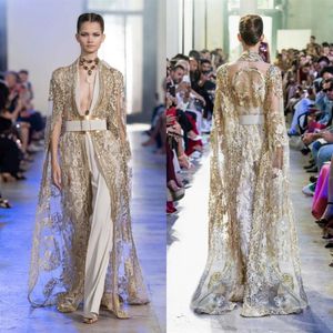 2020 Elie Saab robes de soirée avec une longue veste en dentelle appliquée profonde col en V femmes combinaison robe de bal sur mesure arabe formelle Par265Q