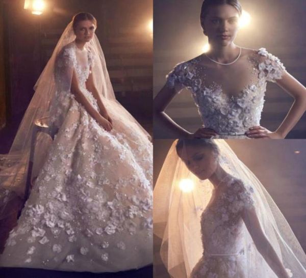 2020 Elie Saab vestidos de novia joya cuello encaje 3D apliques florales con cuentas una línea vestido de novia de playa manga corta Vestidos De Novi9155324