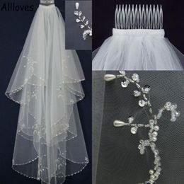 Major Beading Wedding Veils White Ivory Glamourous Brides Hair Accessoires Twee-laags Bridal Veil met kam AL6042