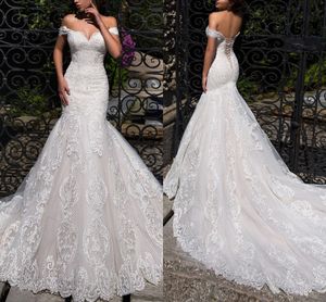 2020 Fabulous Full Dure Kant Mermaid Trouwjurken Vestidos de Novia Off Shoulder Open Back Lace-Up Court Trein Dreaming Bridal Towns