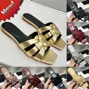 Luxe damespantoffels Eerbetoon plat leer met verweven bandjes Glijsandalen Bruin Zilver Rood Wit Marineblauw Goud Zwart patent designer pantoffel zomerslippers