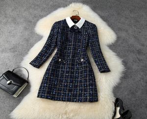 2020 herfst herfst herfst lange mouw revers nek blauw contrast kleur tweed lint stropdas boog paneel met korte mini jurk elegante casual jurken 9287400
