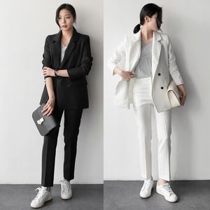 2020 Mode 2 Stuk Sets Pant Past Double Breasted Stripe Blazer Jacket en Straight Pant Office Women Outfits