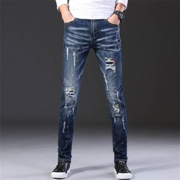 2020 Fashion Casual Jeans Heren Rechte Stretch Dot Craft Kleine Voeten Skinny Jens Mannen Bekrast Blauw Gat Denim Tij Broek ES6862407