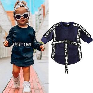 2020 Fashion Infant Kids Meisjes Jurk + Riem Lange Mouw Pullover Brief Print Sweatshirts Tops 2 Stks Herfst Jurk Kleding 1-5Y Q0716