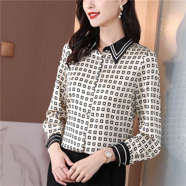 2023 Moda Impreso Elegante Camisas Beige Mujeres Diseñador Manga Larga Gráfico Pasarela Satén Blusas Oficina Señoras Slim Solapa Botón Camisa Primavera Otoño Casual Seda Tops