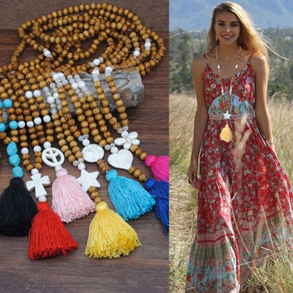 Cadena larga de moda 2020, cuentas de madera, joyería Bohemia para mujer, abalorios de mariposa, corazón y estrella, collar con borlas coloridas 229m