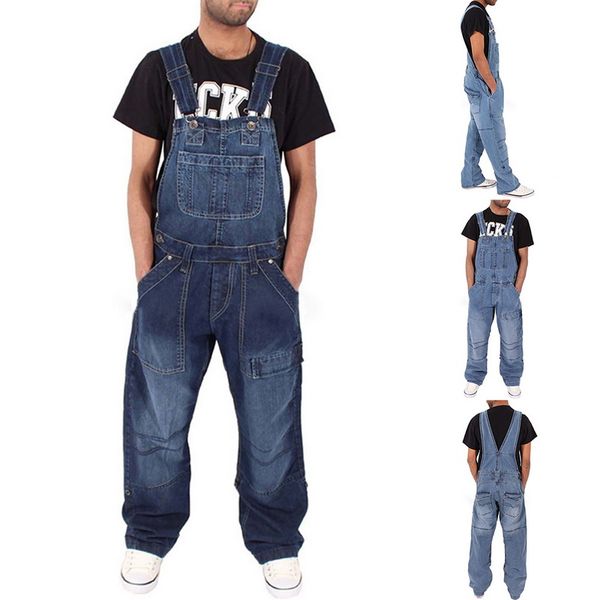 Moda hombre Casual Losse Pocket jeans Overoles Comfortabele Denim Jumpsuits Bib pantalones holgados Jean Mans Blauw Broek