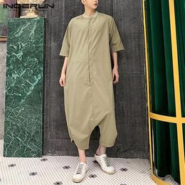 2020 Mode Mannen Jumpsuit Streetwear Half Mouw Knop Effen Baggy Casual Overalls Rompertjes Mannen Drop-Kruis Broek S-5XL INCERUN273l