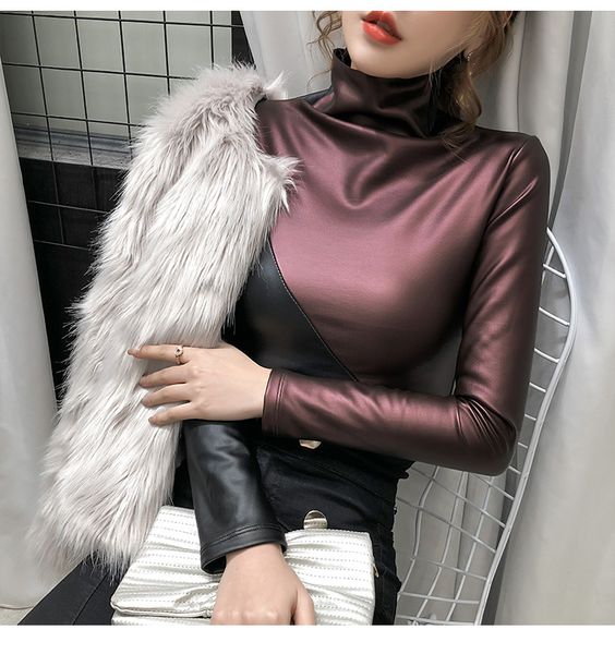 Mode nouveau femmes automne hiver col roulé chaud plus velours PU cuir couleur bloc à manches longues hauts chemises grande taille SMLXLXXL3XL4XL